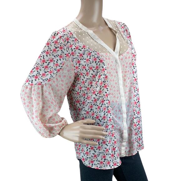 LC Lauren Conrad Women's Multicolor Floral 3/4 Sleeve V-Neck Blouse Top Size M - Picture 5 of 6